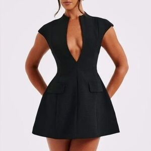 Sunfere Black Deep Plunge V Neck A Line Mini Dress Size S NWT!